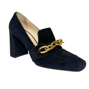 Prada Chain-Link Black Suede Loafer Chunky High Heeled Pump EU 39 Square Toe